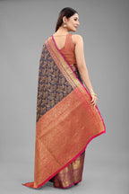 Hiral Fashion Navy Blue Banarasi Art Silk Floral Woven Design Saree