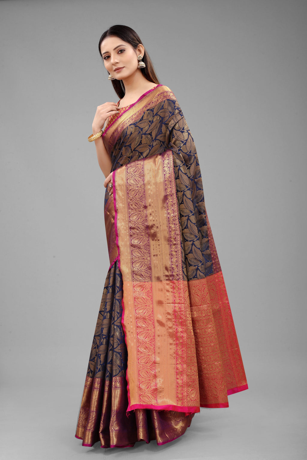 Hiral Fashion Navy Blue Banarasi Art Silk Floral Woven Design Saree