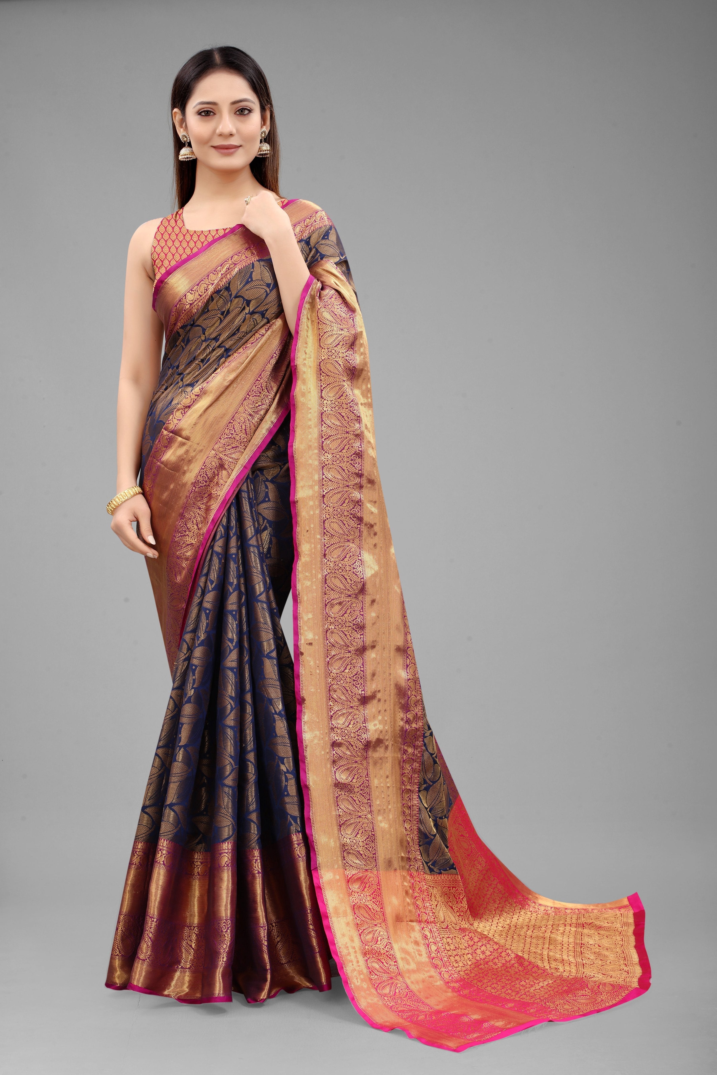 Hiral Fashion Navy Blue Banarasi Art Silk Floral Woven Design Saree