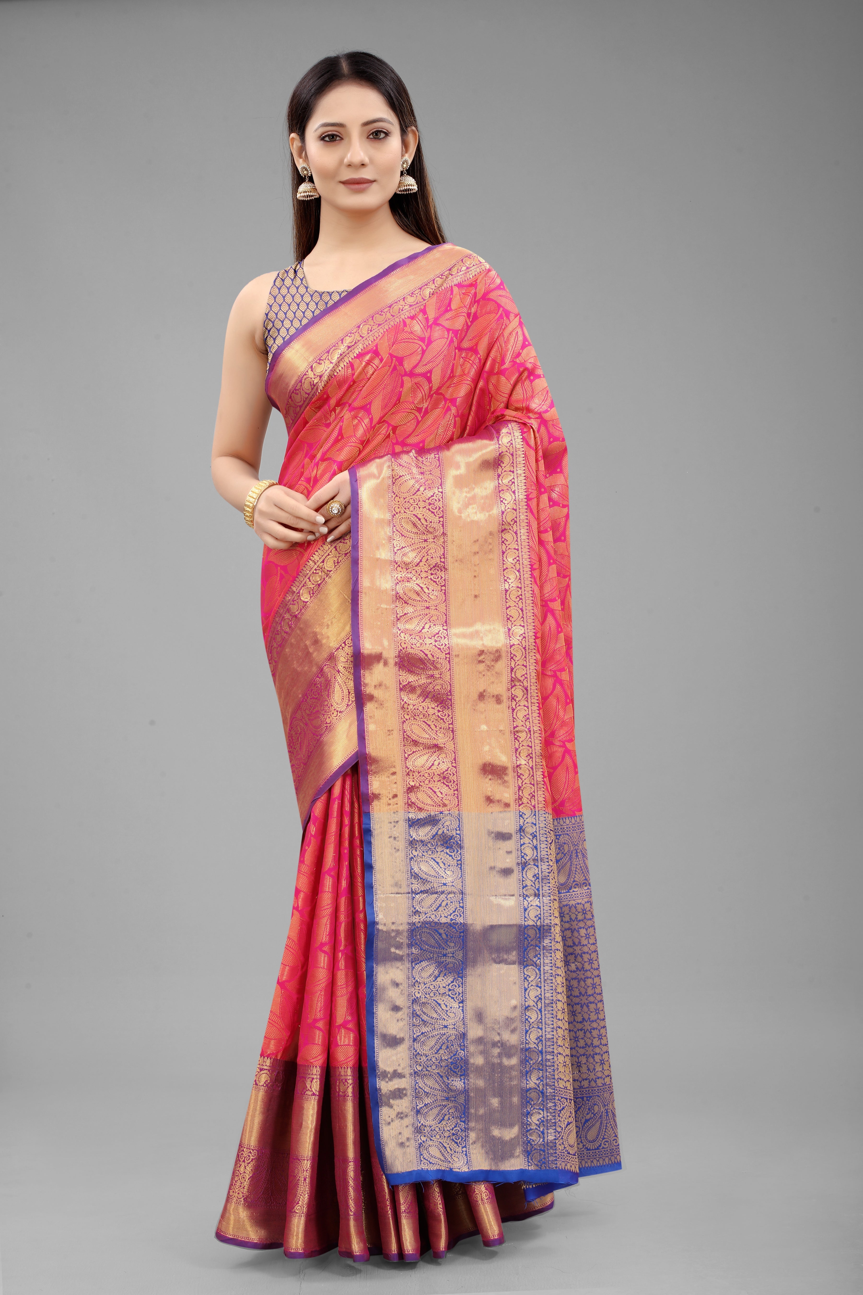 Hiral Fashion Pink Banarasi Art Silk Floral Woven Design Saree