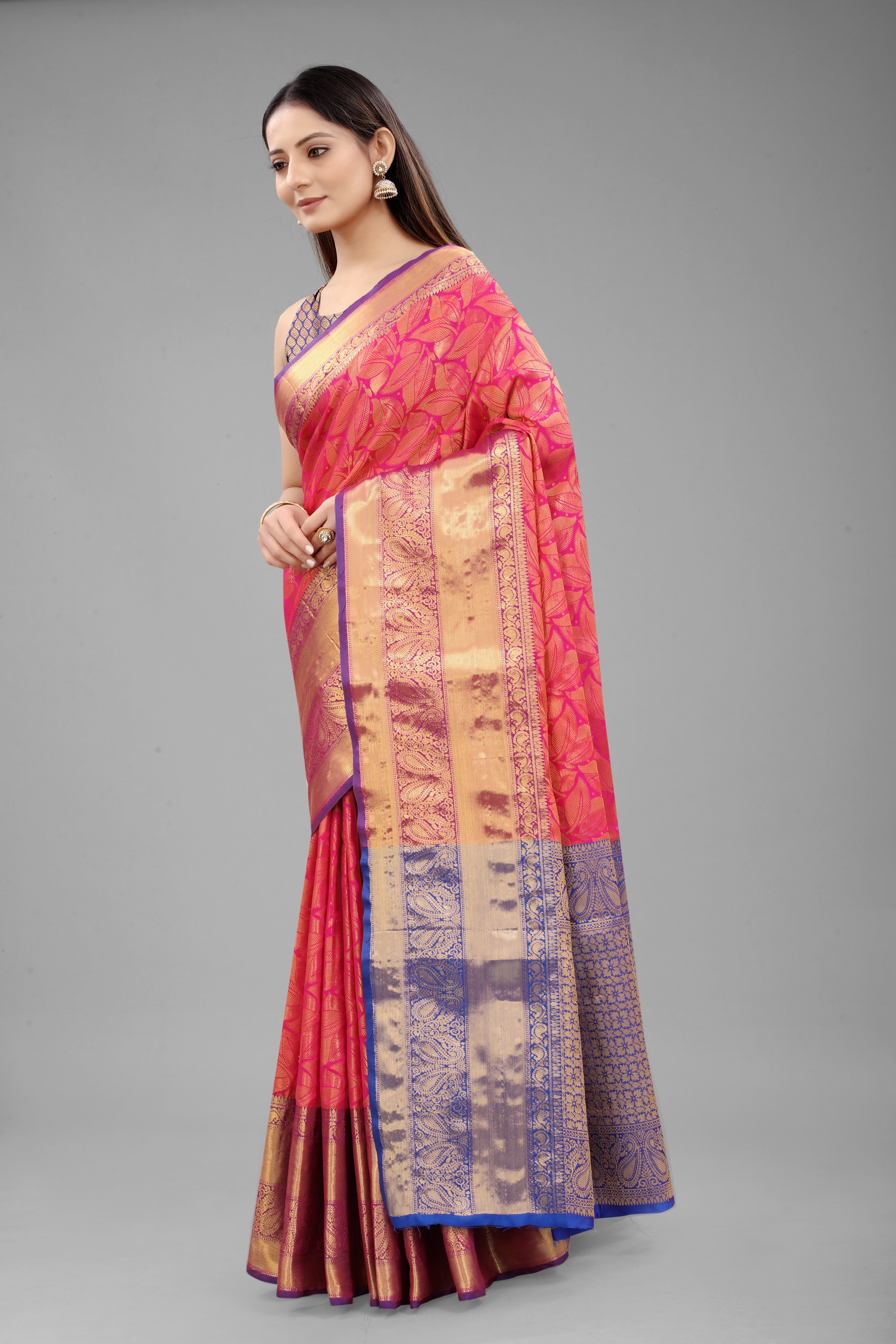 Hiral Fashion Pink Banarasi Art Silk Floral Woven Design Saree