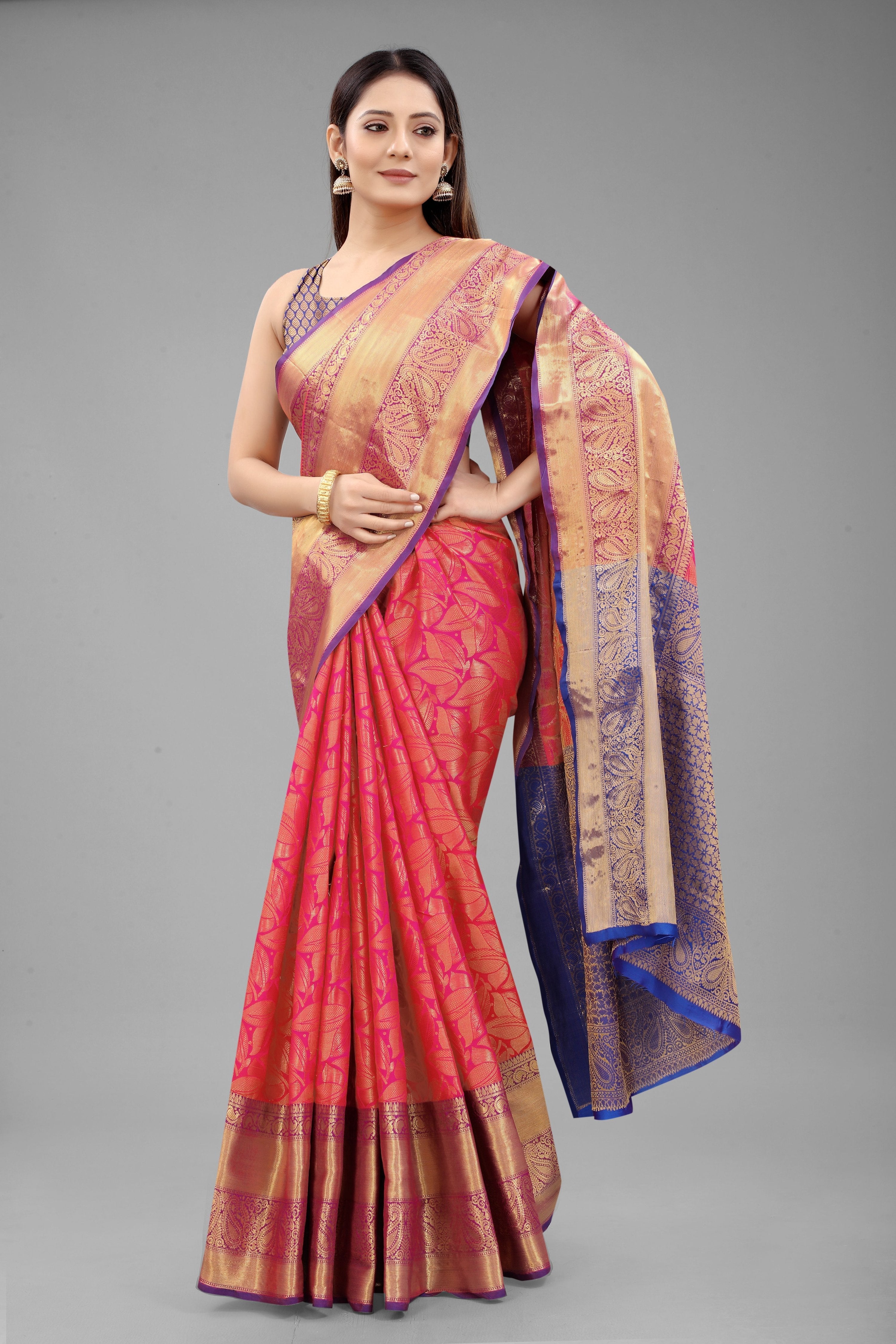 Hiral Fashion Pink Banarasi Art Silk Floral Woven Design Saree