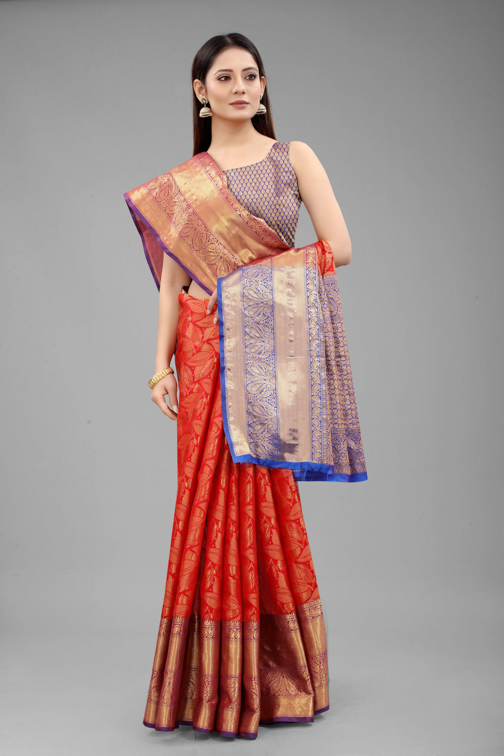 Hiral Fashion Red Banarasi Art Silk Floral Woven Design Saree