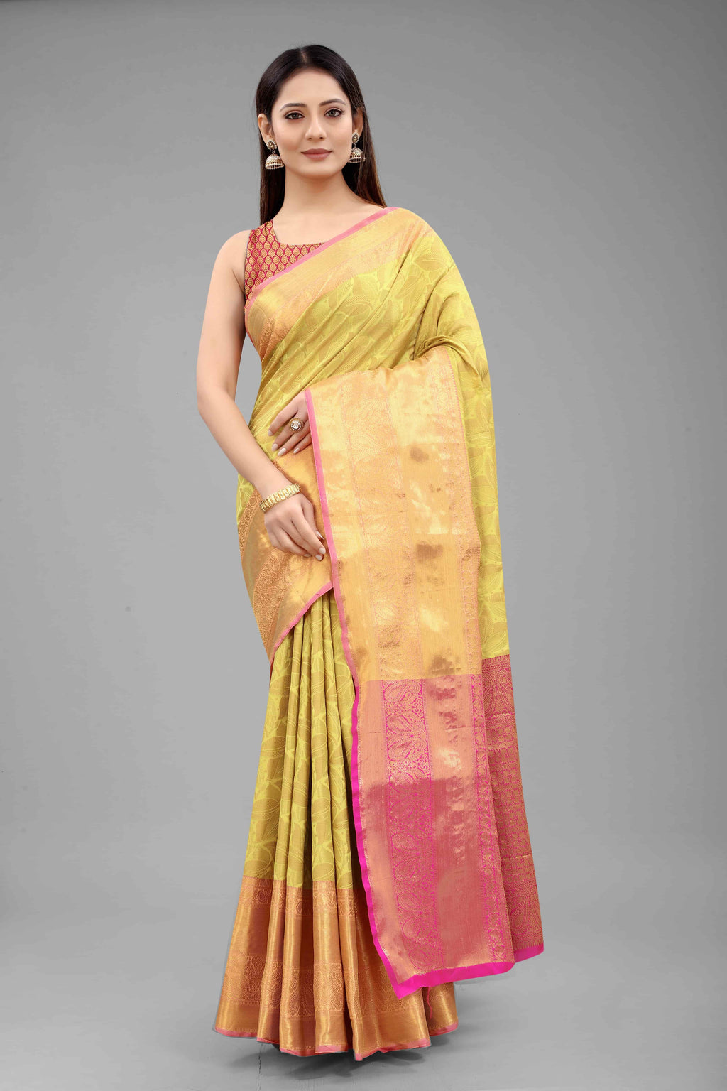 Hiral Fashion Yellow Banarasi Art Silk Floral Woven Design Saree