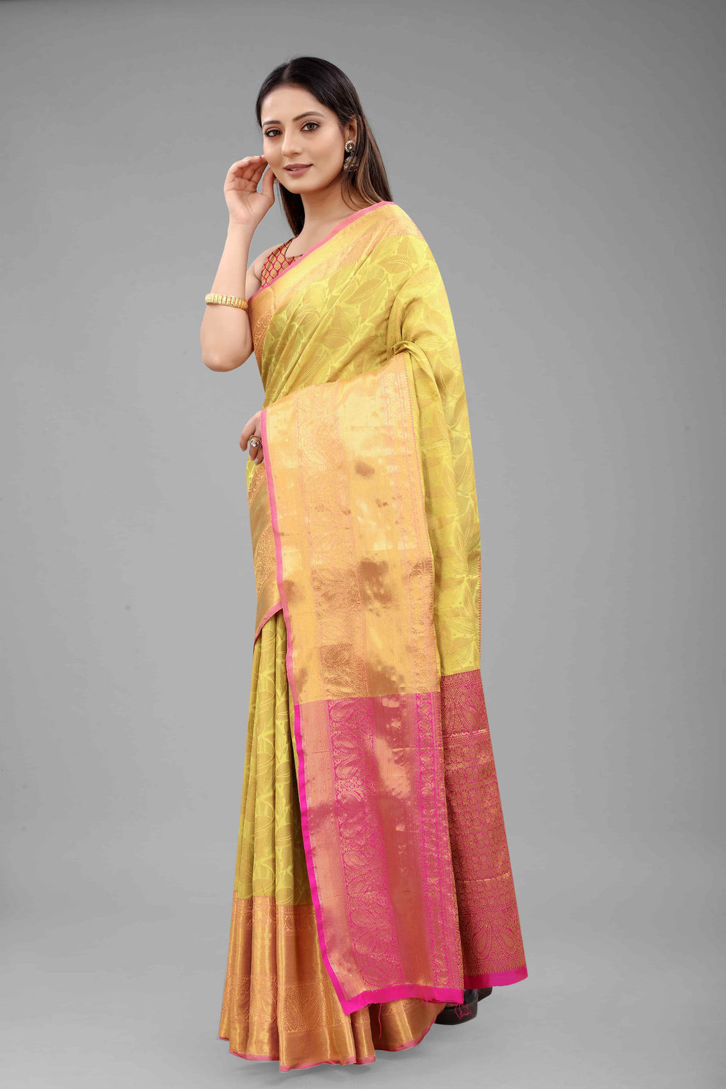 Hiral Fashion Yellow Banarasi Art Silk Floral Woven Design Saree
