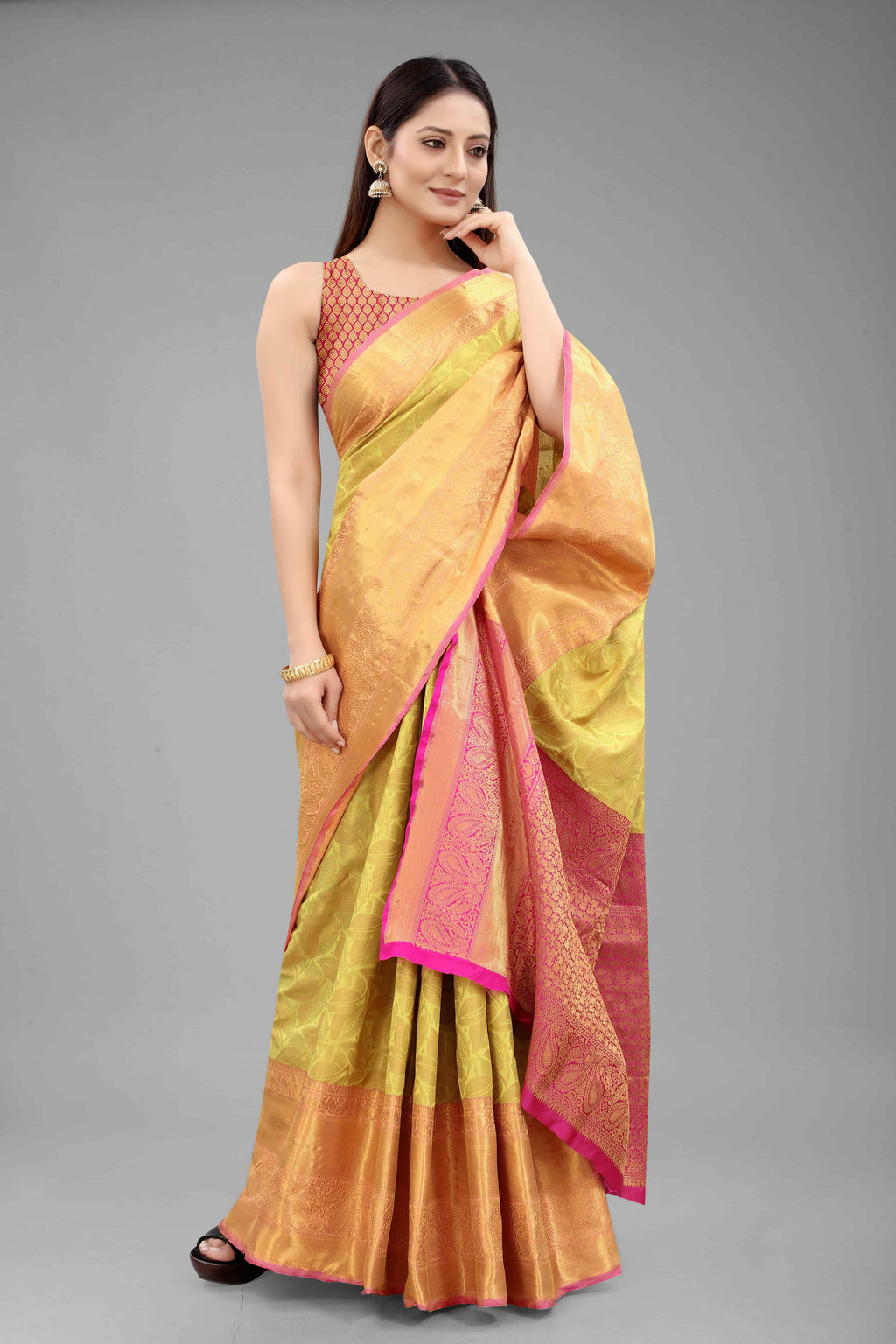 Hiral Fashion Yellow Banarasi Art Silk Floral Woven Design Saree