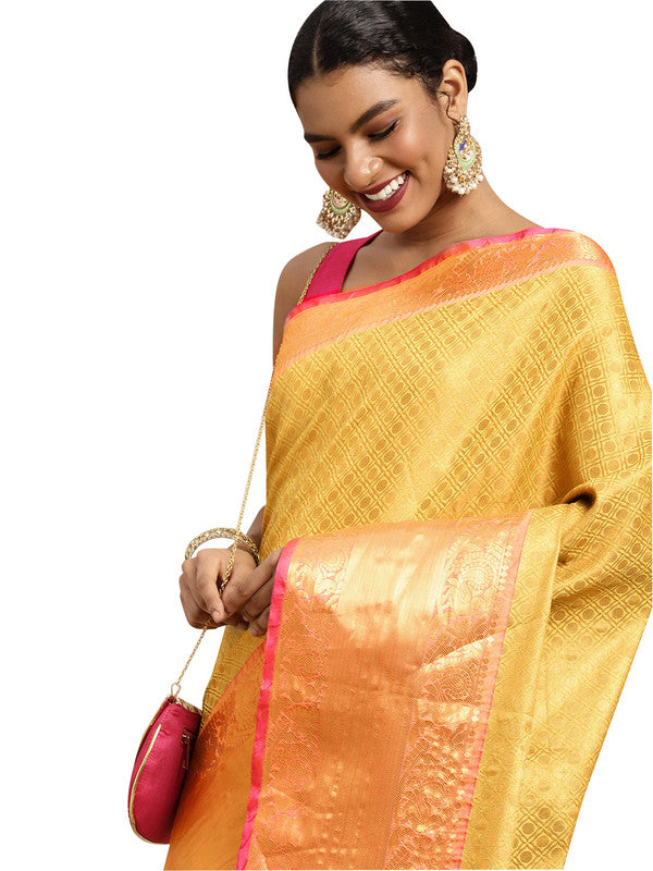 Mustard Pure Silk Woven Zari Design Polka Dots Saree with Unstitched Blouse - Hiral Fashion