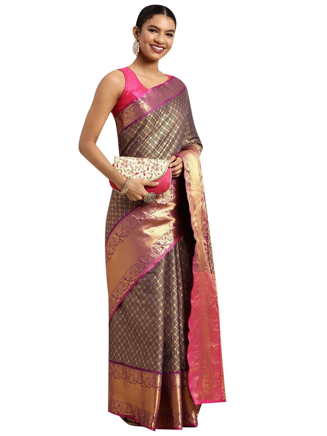 Navy Blue Pure Silk Woven Zari Design Polka Dots Saree with Unstitched Blouse - Hiral Fashion