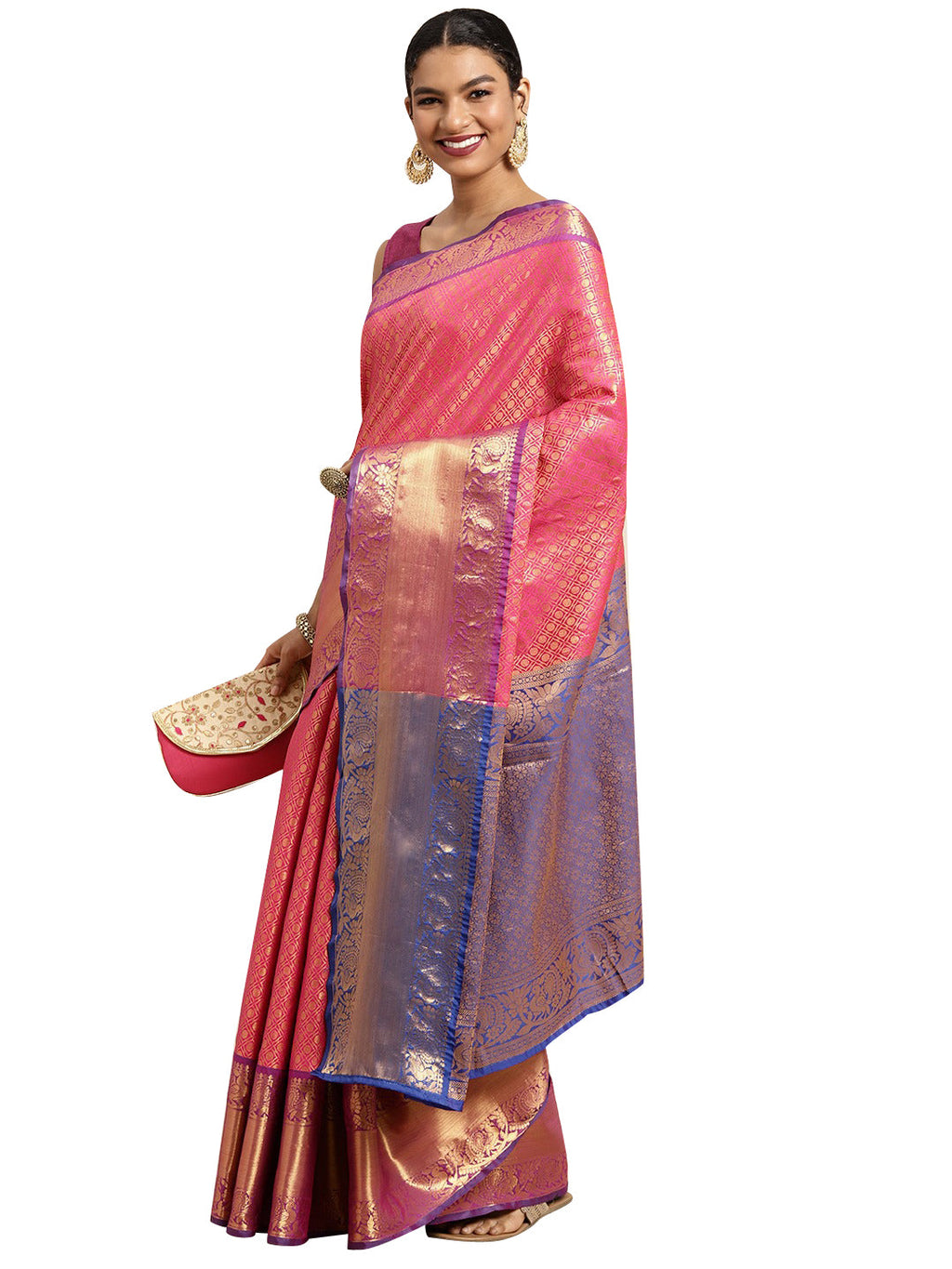 Pink Pure Silk Woven Zari Design Polka Dots Saree with Unstitched Blouse - Hiral Fashion