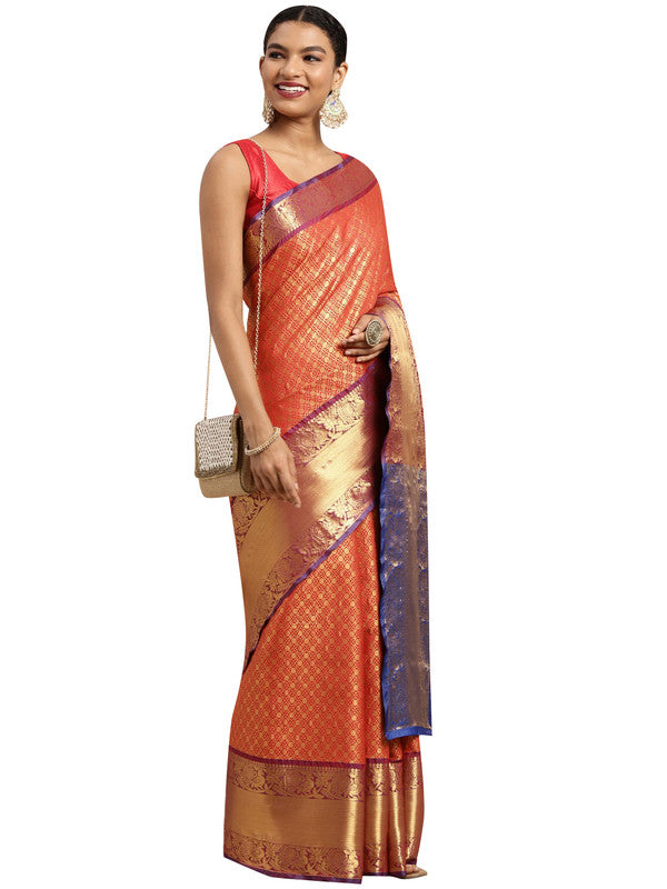 Red Pure Silk Woven Zari Design Polka Dots Saree with Unstitched Blouse - Hiral Fashion
