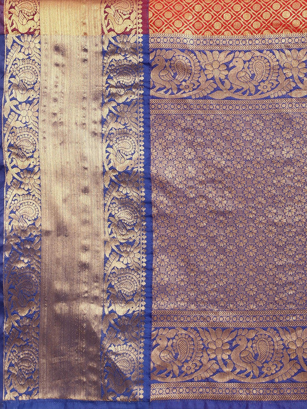 Red Pure Silk Woven Zari Design Polka Dots Saree with Unstitched Blouse - Hiral Fashion