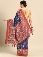 Navy Blue Silk Blend Digital Print Patola Saree with Unstitched Blouse - Hiral Fashion