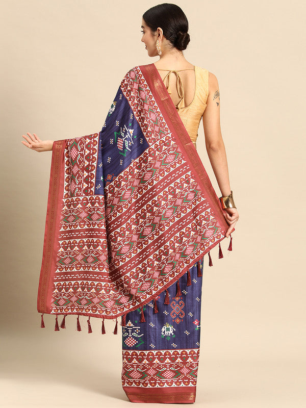 Navy Blue Silk Blend Digital Print Patola Saree with Unstitched Blouse - Hiral Fashion