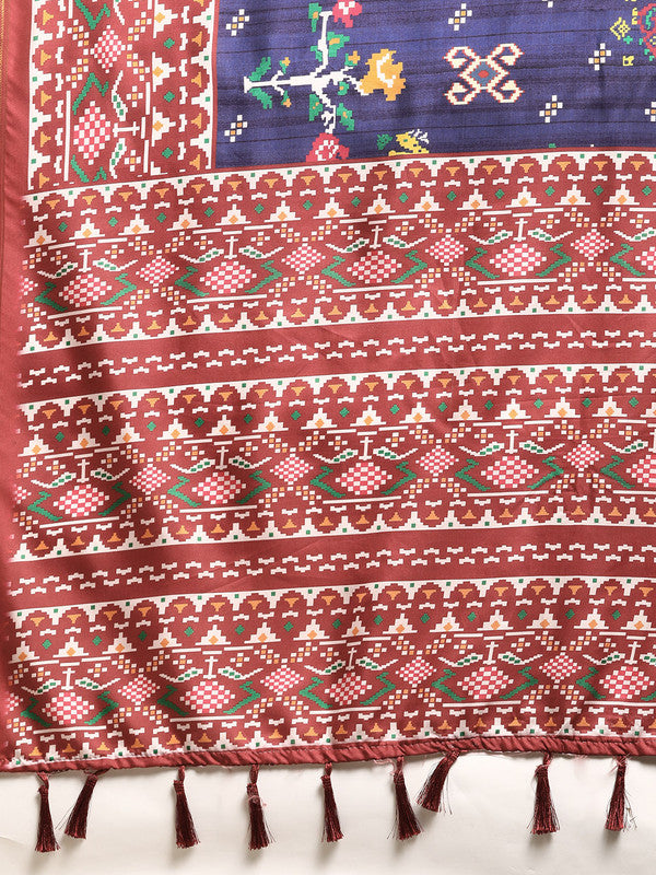 Navy Blue Silk Blend Digital Print Patola Saree with Unstitched Blouse - Hiral Fashion
