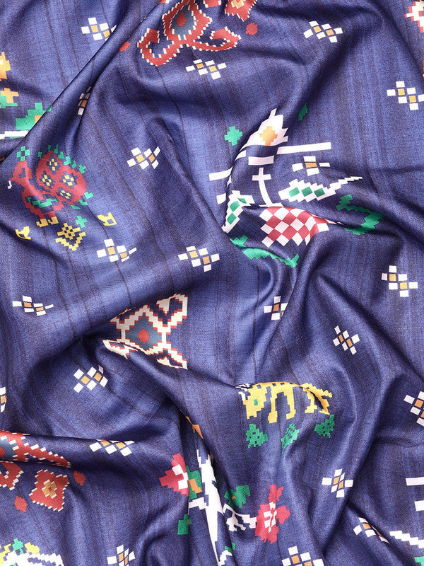 Navy Blue Silk Blend Digital Print Patola Saree with Unstitched Blouse - Hiral Fashion