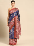 Navy Blue Silk Blend Digital Print Patola Saree with Unstitched Blouse - Hiral Fashion