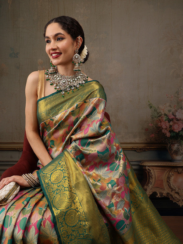 Multicolor Pure Silk Woven Zari Design Floral Saree with Unstitched Blouse - Hiral Fashion