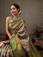 Multicolor Pure Silk Woven Zari Design Floral Saree with Unstitched Blouse - Hiral Fashion