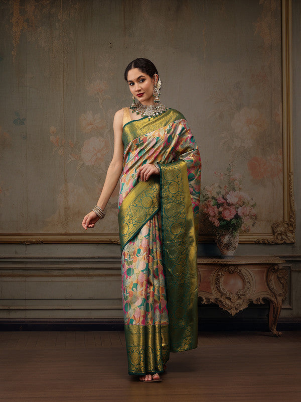 Multicolor Pure Silk Woven Zari Design Floral Saree with Unstitched Blouse - Hiral Fashion