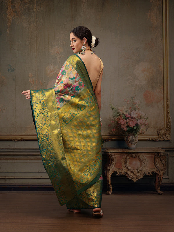 Multicolor Pure Silk Woven Zari Design Floral Saree with Unstitched Blouse - Hiral Fashion