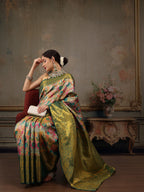 Multicolor Pure Silk Woven Zari Design Floral Saree with Unstitched Blouse - Hiral Fashion