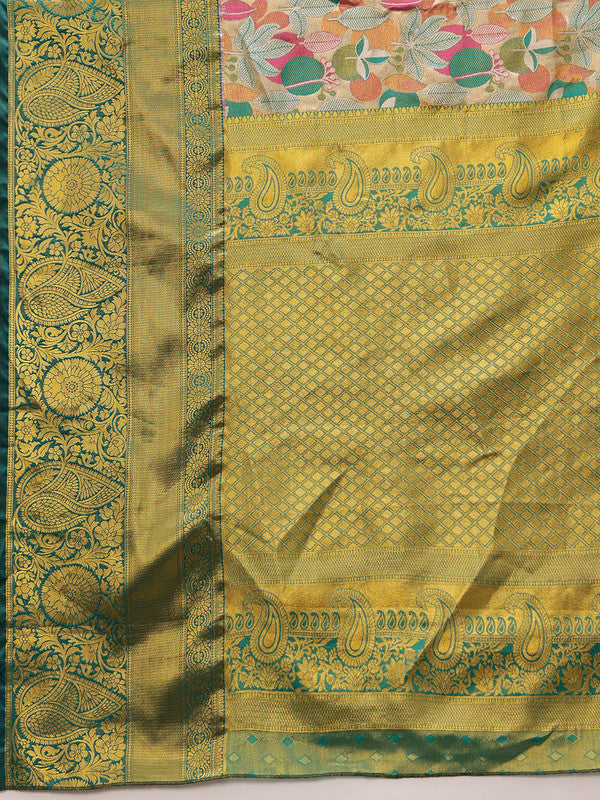 Multicolor Pure Silk Woven Zari Design Floral Saree with Unstitched Blouse - Hiral Fashion