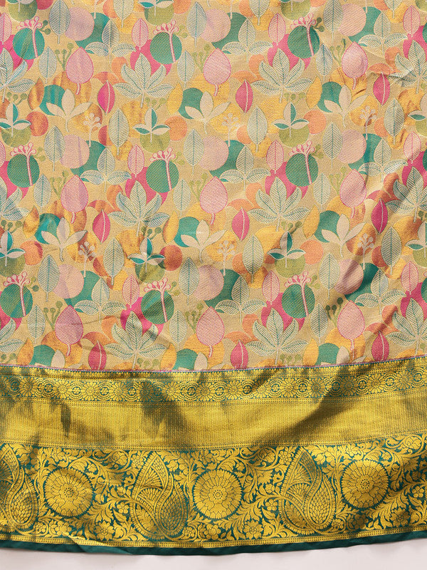 Multicolor Pure Silk Woven Zari Design Floral Saree with Unstitched Blouse - Hiral Fashion