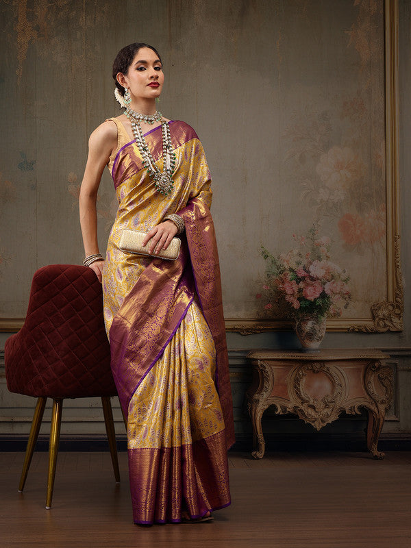 Mustard Pure Silk Woven Zari Design Floral Saree with Unstitched Blouse - Hiral Fashion