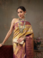 Mustard Pure Silk Woven Zari Design Floral Saree with Unstitched Blouse - Hiral Fashion