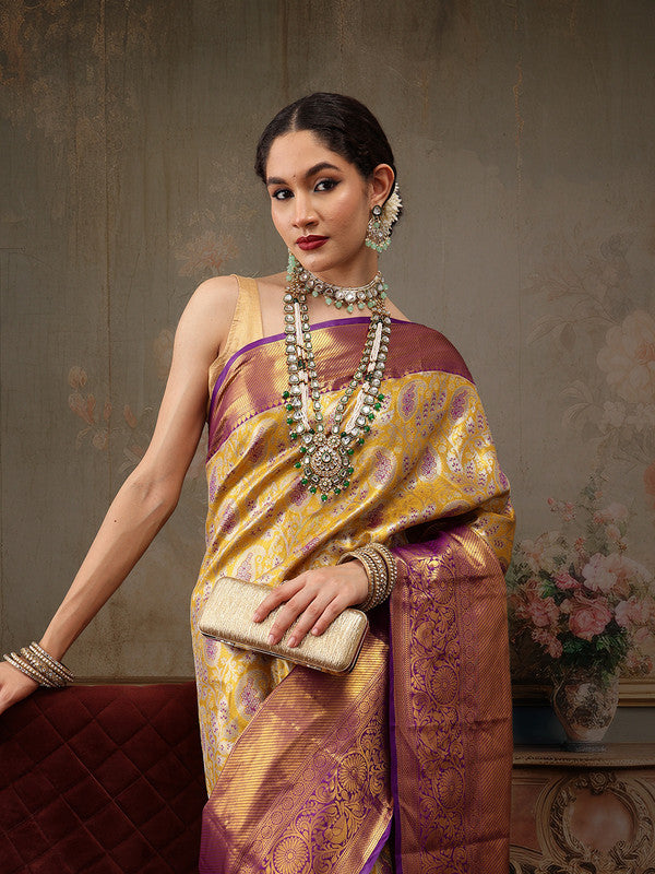 Mustard Pure Silk Woven Zari Design Floral Saree with Unstitched Blouse - Hiral Fashion
