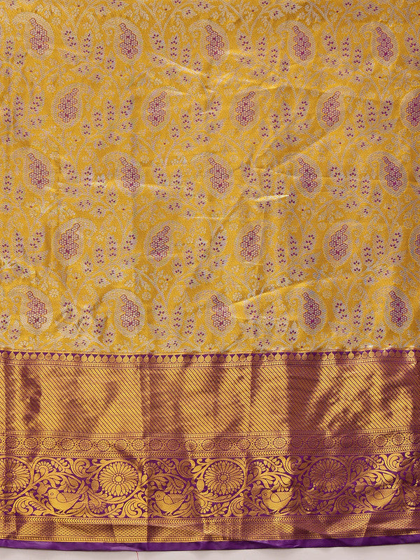 Mustard Pure Silk Woven Zari Design Floral Saree with Unstitched Blouse - Hiral Fashion