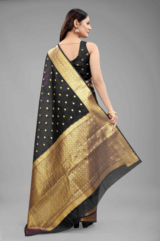 Black Pure Silk Zari Woven Polka Dots Saree with Unstitched Blouse - Hiral Fashion