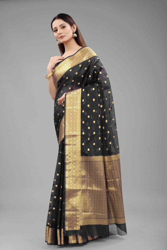 Black Pure Silk Zari Woven Polka Dots Saree with Unstitched Blouse - Hiral Fashion