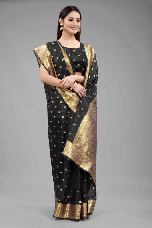Black Pure Silk Zari Woven Polka Dots Saree with Unstitched Blouse - Hiral Fashion