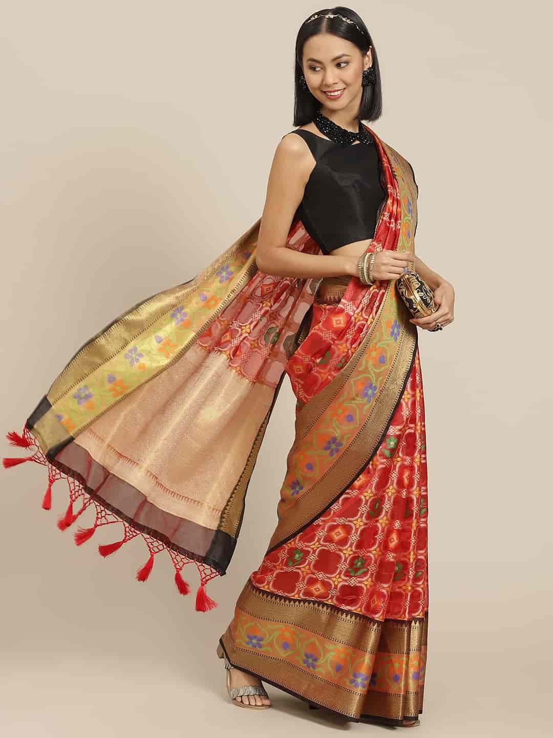 Hiral Fashion Red Ikat Art Silk Floral Woven Design Saree