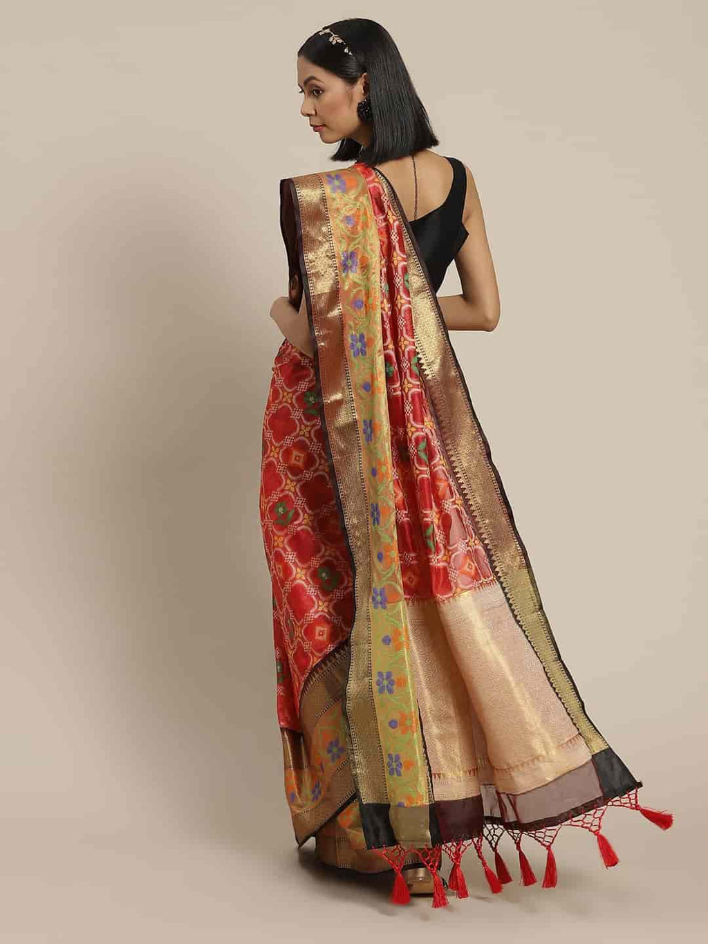 Hiral Fashion Red Ikat Art Silk Floral Woven Design Saree