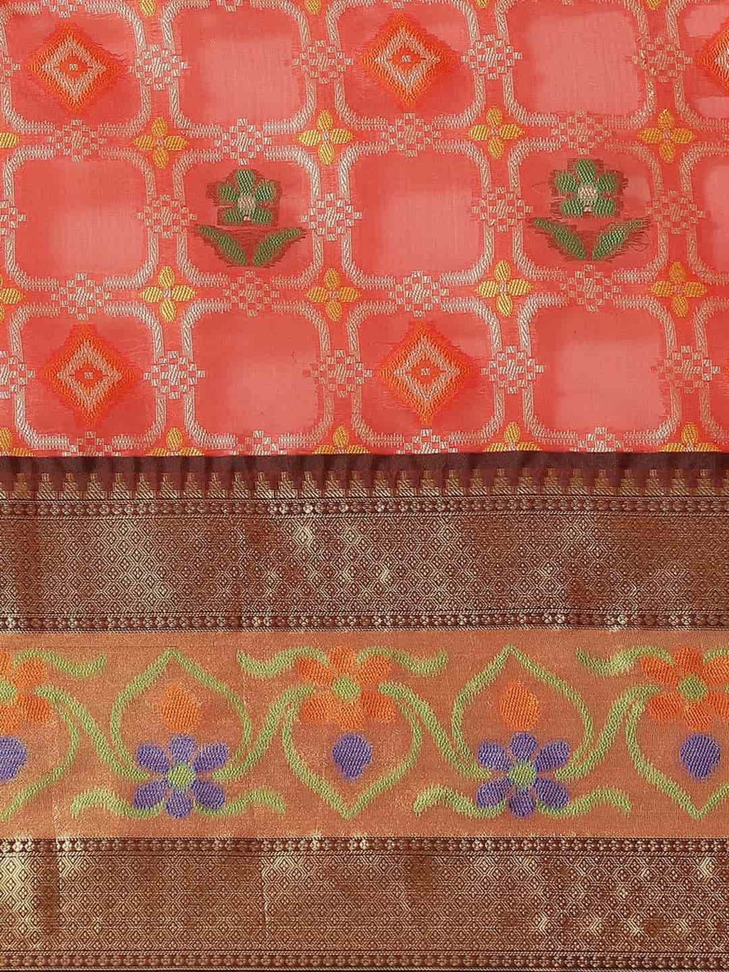 Hiral Fashion Red Ikat Art Silk Floral Woven Design Saree