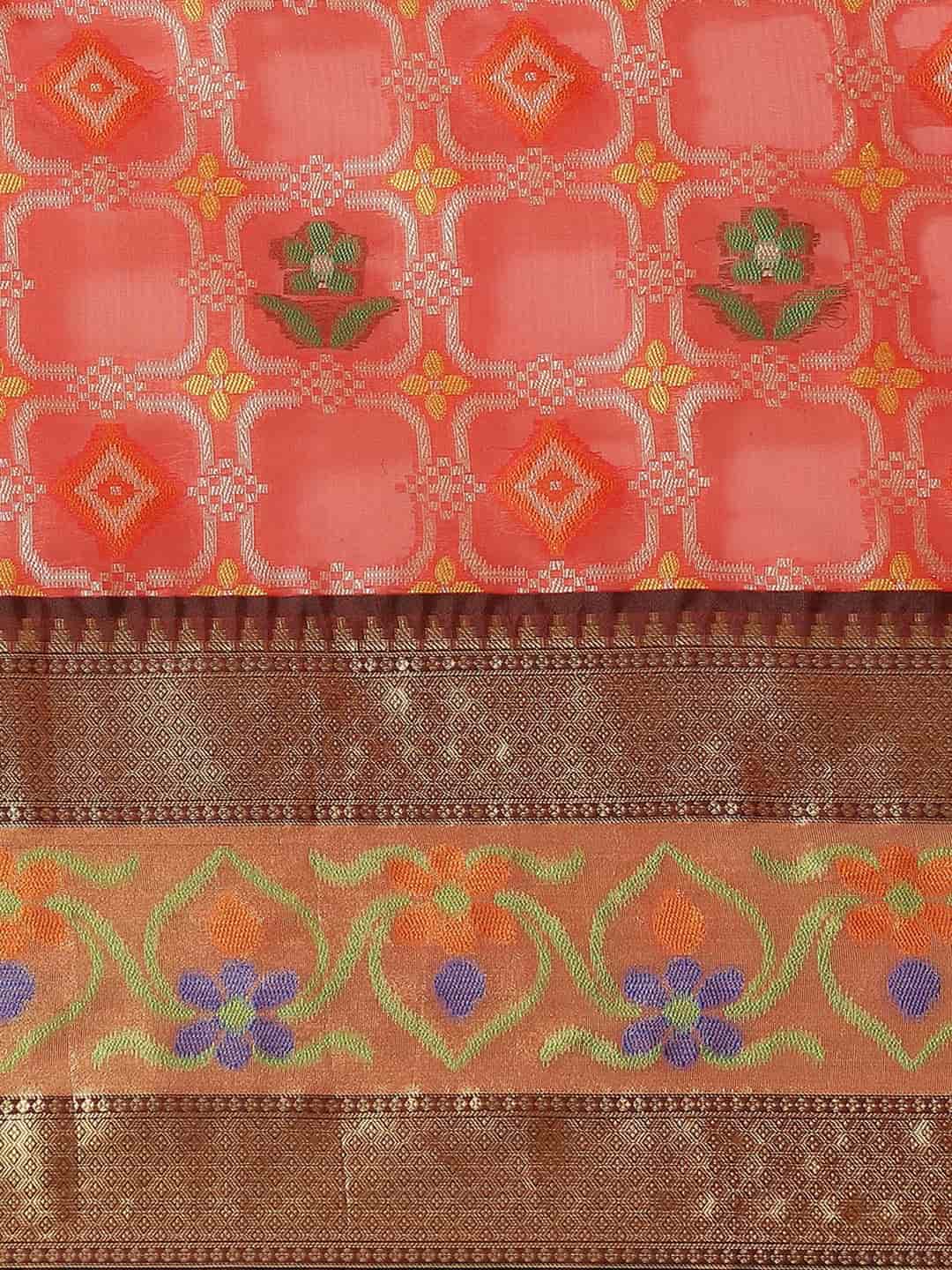 Hiral Fashion Red Ikat Art Silk Floral Woven Design Saree