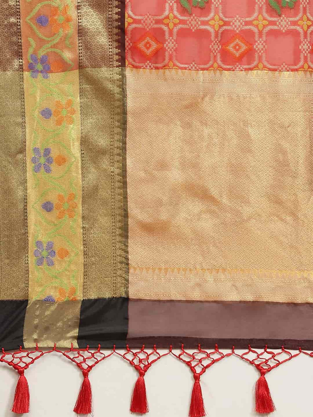 Hiral Fashion Red Ikat Art Silk Floral Woven Design Saree