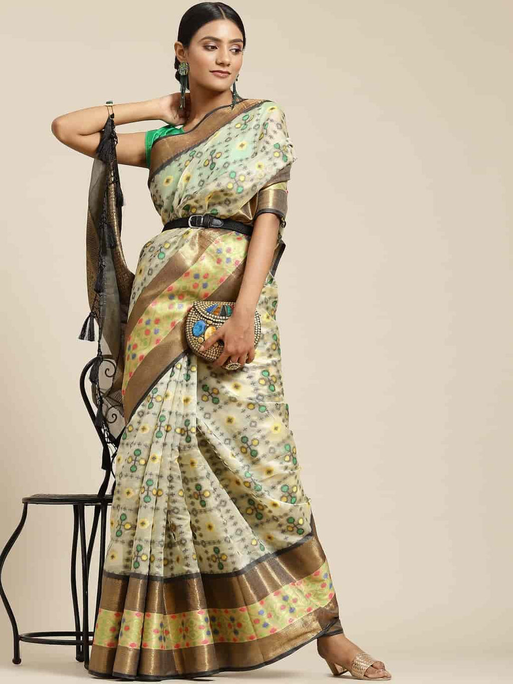 Hiral Fashion Beige Ikat Art Silk Geomatric Woven Design Saree