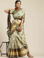 Hiral Fashion Beige Ikat Art Silk Geomatric Woven Design Saree