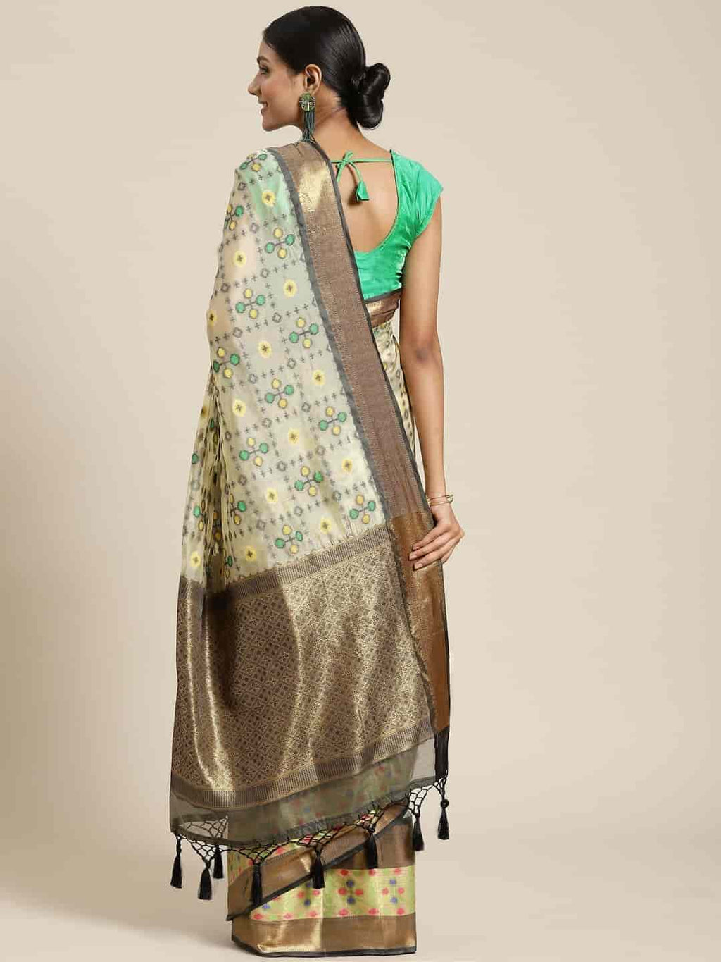 Hiral Fashion Beige Ikat Art Silk Geomatric Woven Design Saree