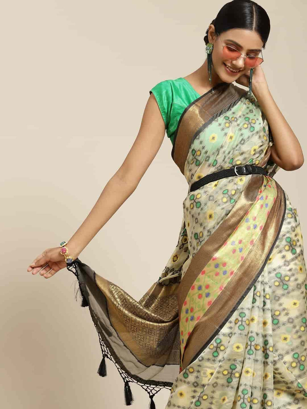 Hiral Fashion Beige Ikat Art Silk Geomatric Woven Design Saree