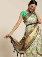 Hiral Fashion Beige Ikat Art Silk Geomatric Woven Design Saree