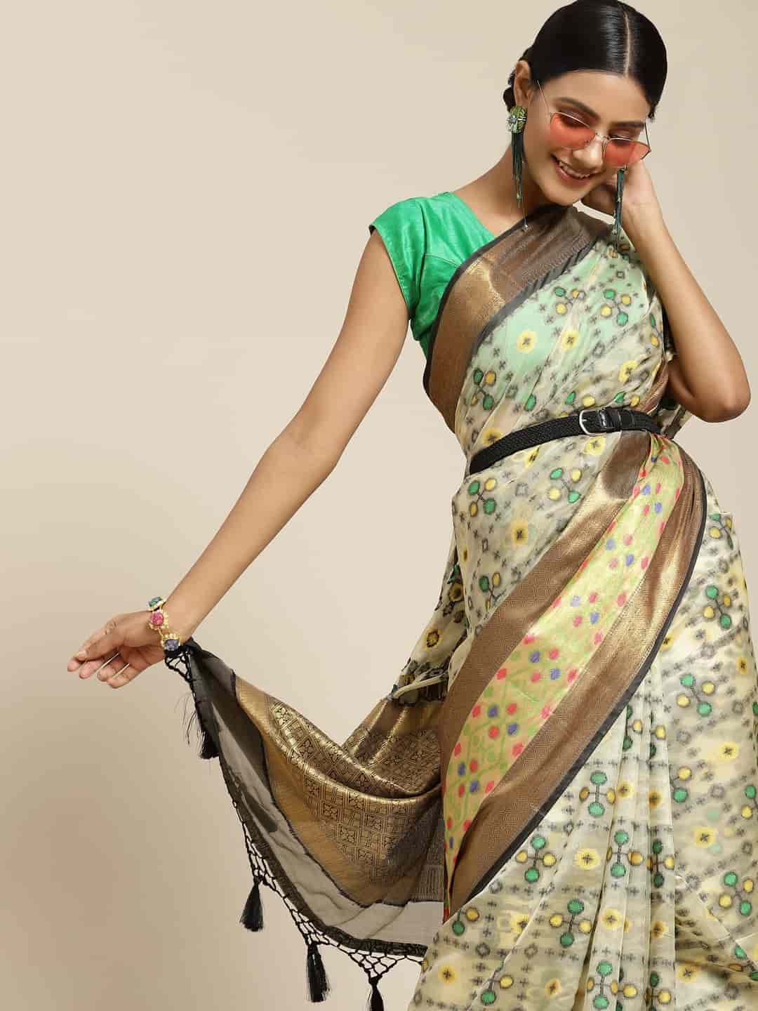 Hiral Fashion Beige Ikat Art Silk Geomatric Woven Design Saree