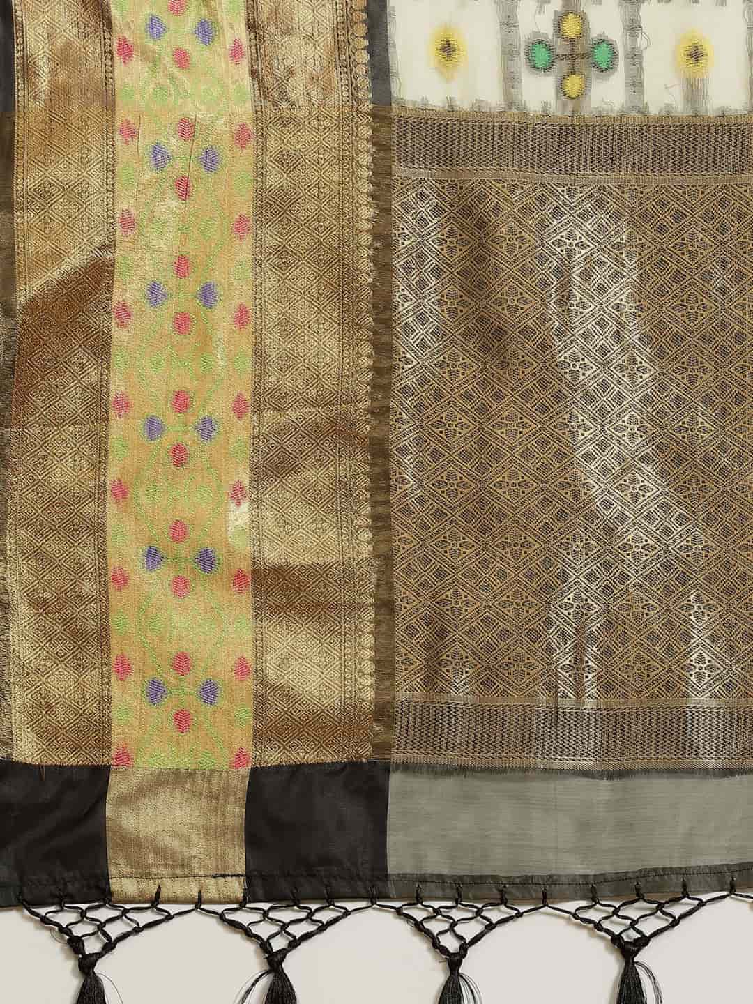 Hiral Fashion Beige Ikat Art Silk Geomatric Woven Design Saree