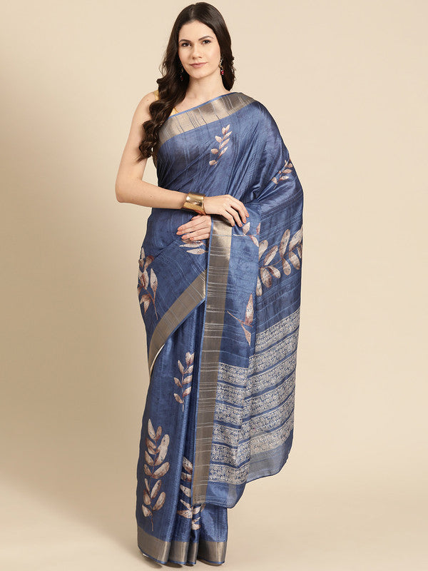 Blue Silk Blend Digital Print Floral Saree with Unstitched Blouse - Hiral Fashion