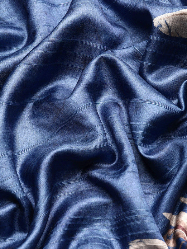 Blue Silk Blend Digital Print Floral Saree with Unstitched Blouse - Hiral Fashion