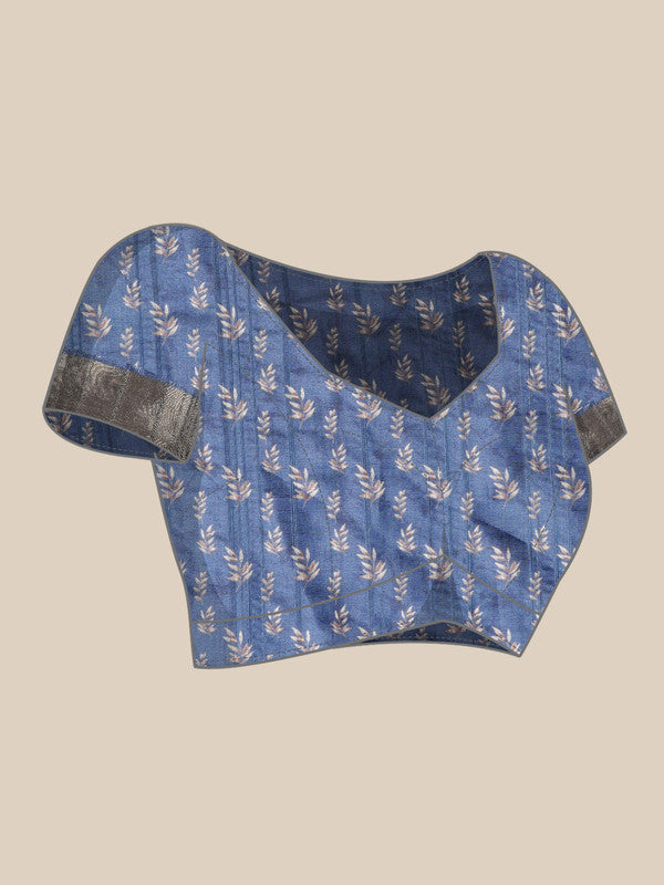 Blue Silk Blend Digital Print Floral Saree with Unstitched Blouse - Hiral Fashion