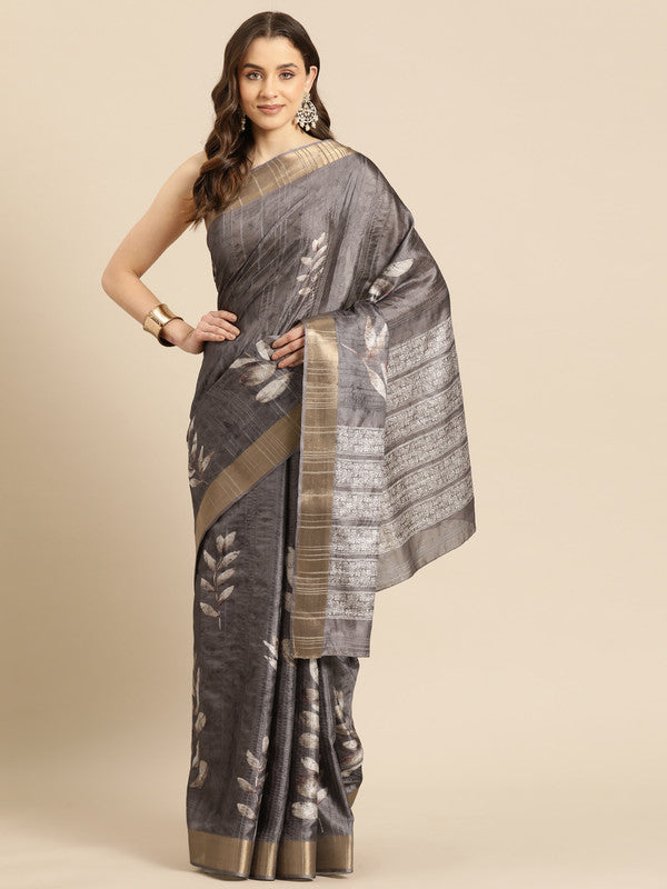 Brown Silk Blend Digital Print Floral Saree with Unstitched Blouse - Hiral Fashion